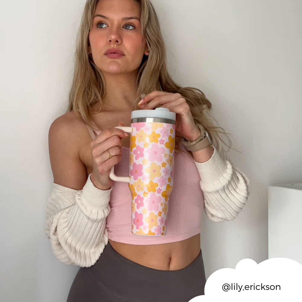 Pink & Orange Bloom Stainless Steel Tumbler - By Coconut Lane