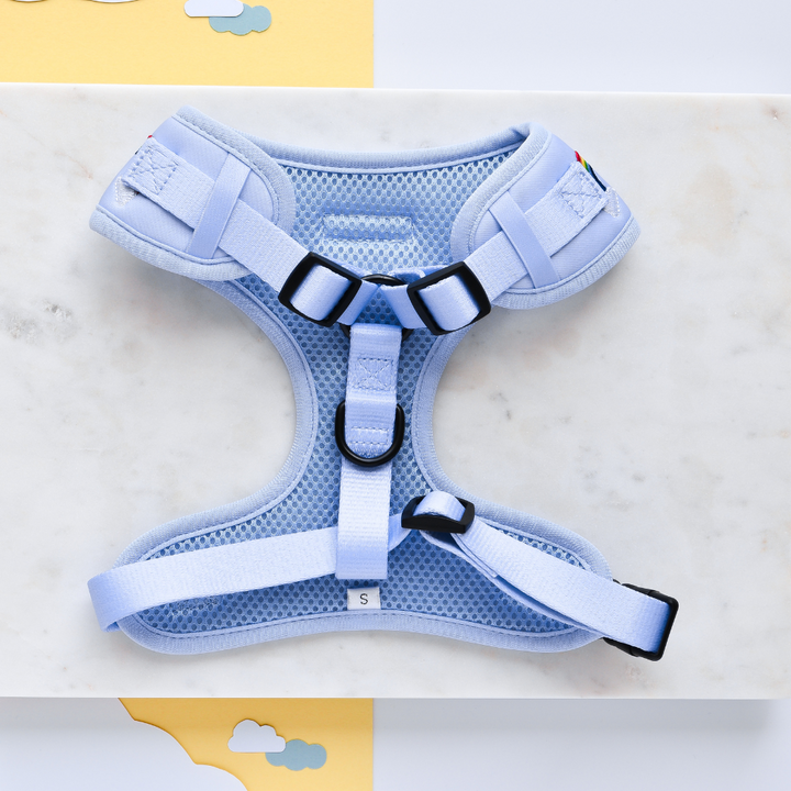 A Luxe Adjustable Neck Harness - Over The Rainbow from Cocopup London in light blue, featuring black buckle fastenings and an adjustable strap, is laid flat on a white marble surface. Crafted with breathable mesh material, a metal D-ring for leash attachment, and an embroidered rainbow design, it is marked with an "S" label.