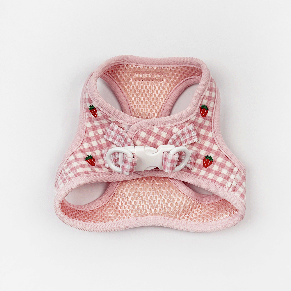 Pink plaid cat harness with strawberry print, mesh lining, step-in style, shown on a white background.