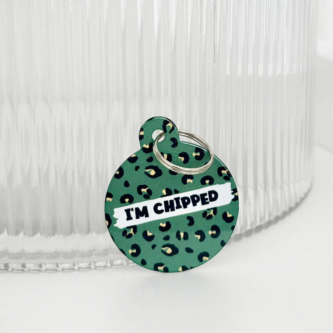 Personalised 'I'm Chipped' ID Tag - Khaki Leopard