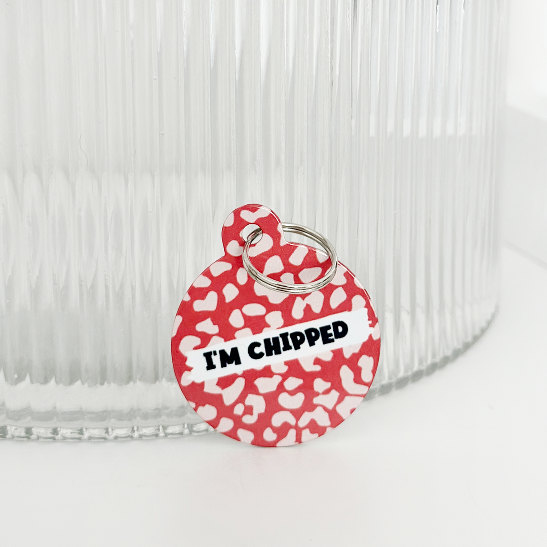 Personalised 'I'm Chipped' ID Tag - Red and Pink Leopard