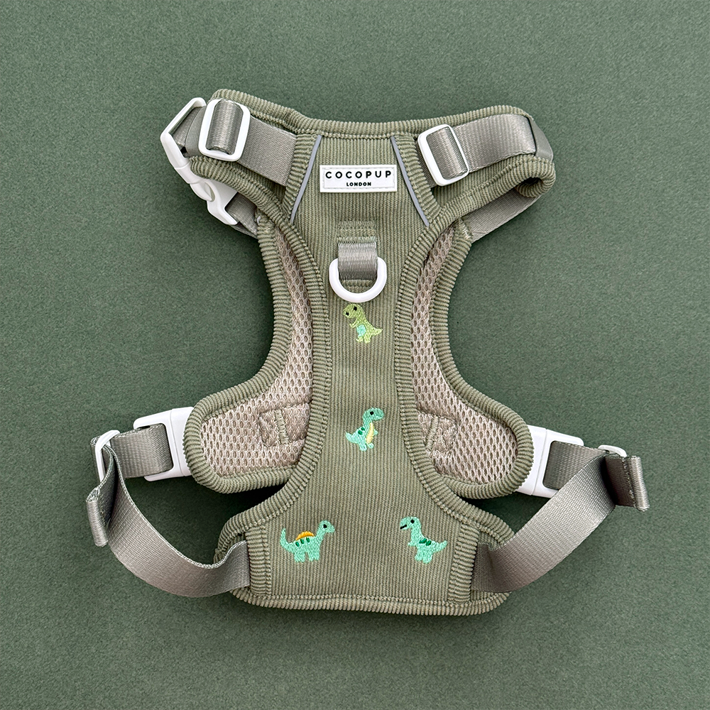 Dog harness in green corduroy material, with embroidered dinosaur design.