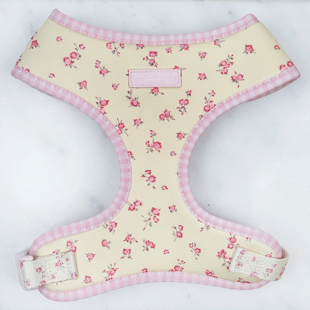Floral Dog Harness with yellow background and pink flowers.