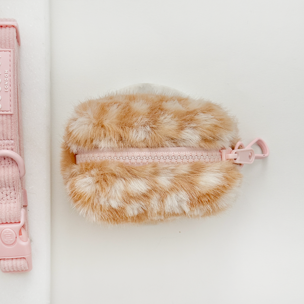 Faux fur poop bag holder, to hold dog poo bags, with a brown and cream fawn pattern.
