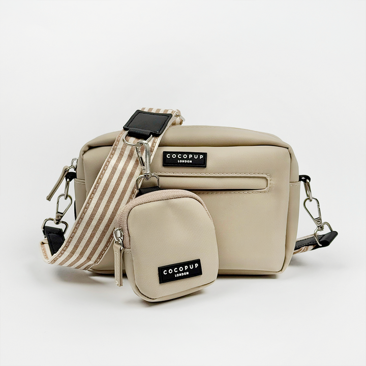 Beige Dog Walking Bag with matching pouch, brown and beige striped strap on a white background.