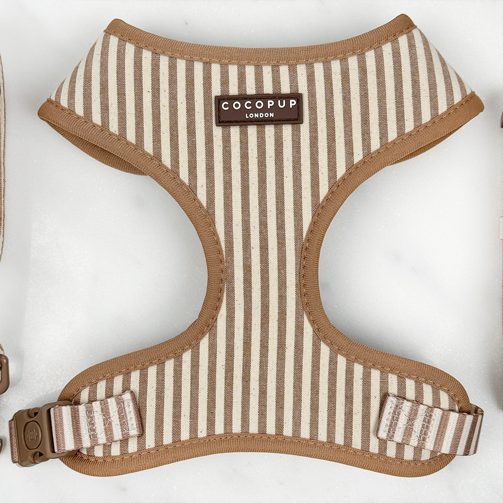 Brown and beige striped Dog Harness with Cocopup logo.