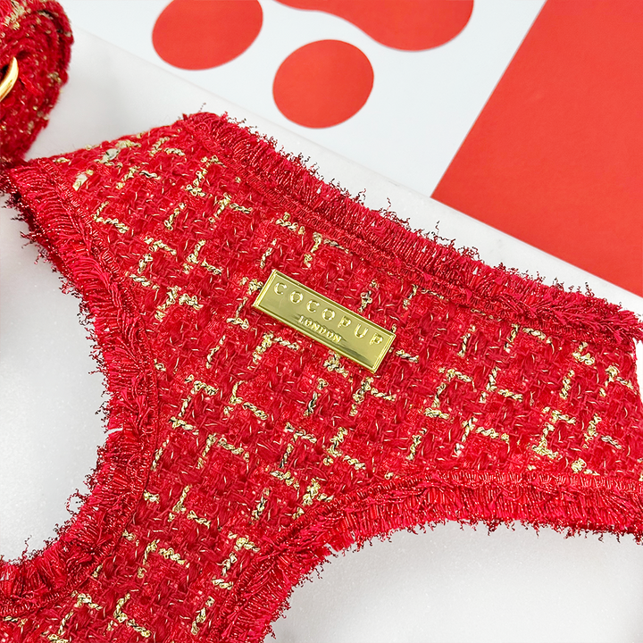 Red Textured Tweed Adjustable Neck Harness, Lead & Collar Bundle