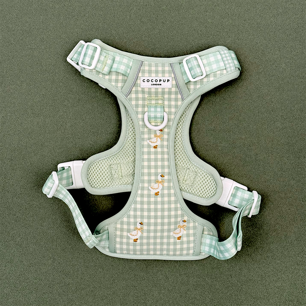 Green and white check print dog harness with embroidered geese design.