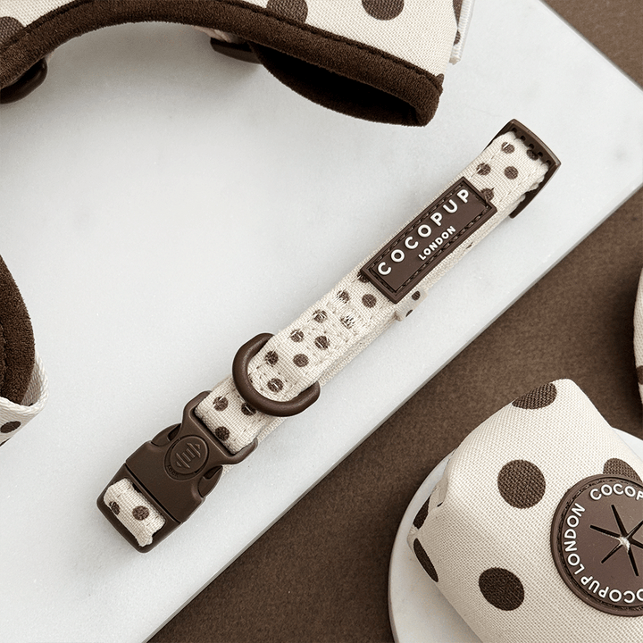 Dog collar with polka dot pattern and visible brand name on a white surface.