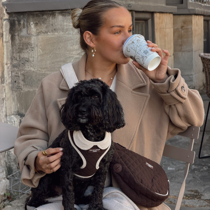 A woman in a beige coat sits outdoors holding a black dog wearing a brown and cream dog harness. She has a brown quilted bag carrier bag on her lap and is drinking from a white patterned paper cup.